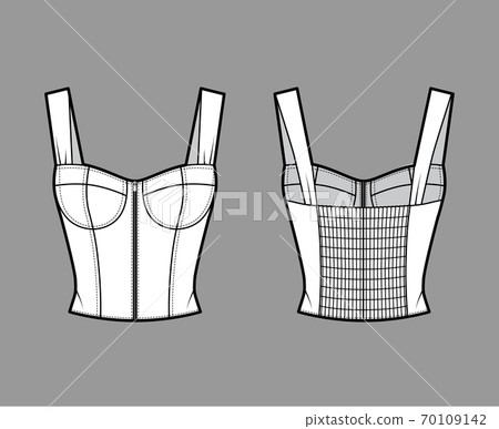 Zip-up jewel cropped shirred corset-style smocked top technical fashion illustration with molded cups, shirred back Zip-up jewel cropped shirred corset-style smocked top technical fashion illustration with molded cups, shirred back 70109142