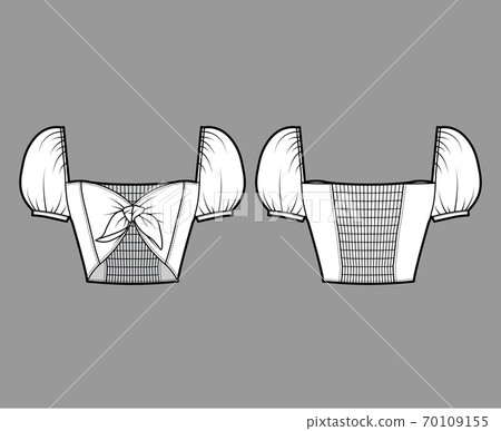 Tie-front cropped top technical fashion illustration with bow-detailed front, puffy blouson sleeves, elasticated back 70109155