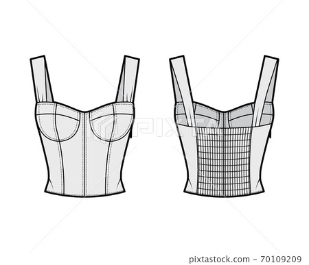 Jewel cropped shirred corset-style smocked top technical fashion illustration with molded cups, close fit, shirred back Jewel cropped shirred corset-style smocked top technical fashion illustration with molded cups, close fit, shirred back 70109209
