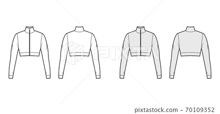 Zip-up cropped turtleneck jersey sweater technical fashion illustration with long sleeves, close-fitting shape. Flat Zip-up cropped turtleneck jersey sweater technical fashion illustration with long sleeves, close-fitting shape. Flat 70109352