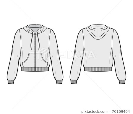 Zip-up cotton-fleece hoodie technical fashion illustration with relaxed fit, long sleeves, ribbed trims, front pocket. Zip-up cotton-fleece hoodie technical fashion illustration with relaxed fit, long sleeves, ribbed trims, front pocket. 70109404