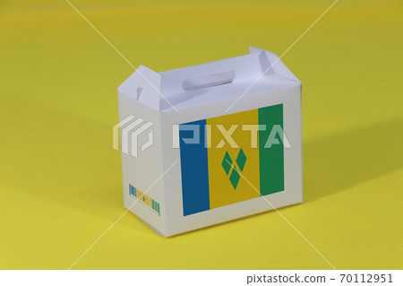 Saint Vincent flag on white box with barcode and the color of nation flag on yellow background. Saint Vincent flag on white box with barcode and the color of nation flag on yellow background. 70112951