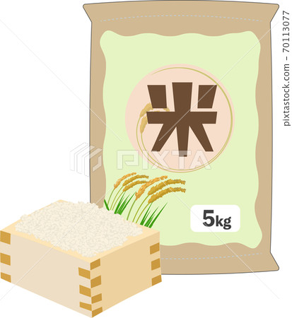 Simple and cute illustration of rice in a trout and 5 kg of rice Simple and cute illustration of rice in a trout and 5 kg of rice 70113077
