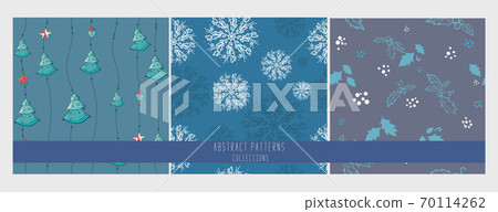 set of Seamless patterns with new year celebration Icons and christmas symbols. hand drawing. snowflakes mistletoe , tree 70114262