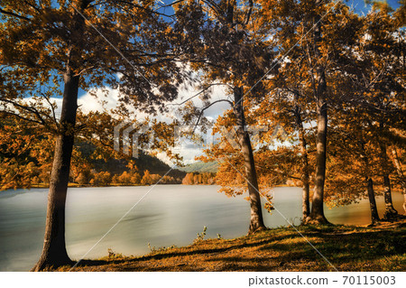 Autumn colors in the wood with lake, long time exposure Autumn colors in the wood with lake, long time exposure 70115003