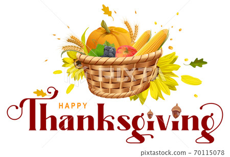 Rich harvest full basket pumpkin, corn, wheat, apple, grapes. Happy Thanksgiving ornate text lettering for greeting card Rich harvest full basket pumpkin, corn, wheat, apple, grapes. Happy Thanksgiving ornate text lettering for greeting card 70115078