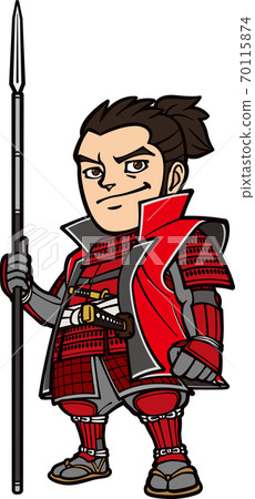 Sengoku warrior standing with a spear [3 heads, red] 70115874