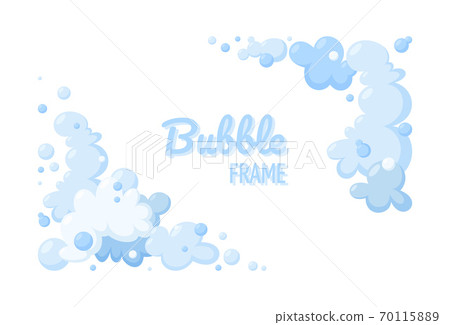Foam made of soap or clouds. Set of blue foam and bubbles of different shapes. Cloudy frame and corners. Vector illustration 70115889