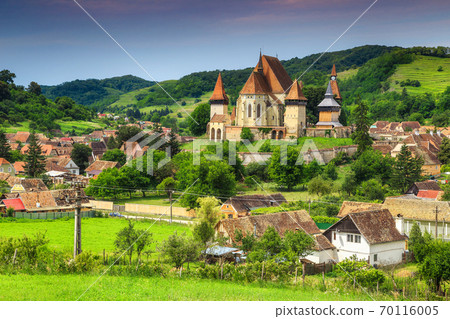 Famous Transylvanian touristic village with saxon fortified church, Biertan, Romania  70116005