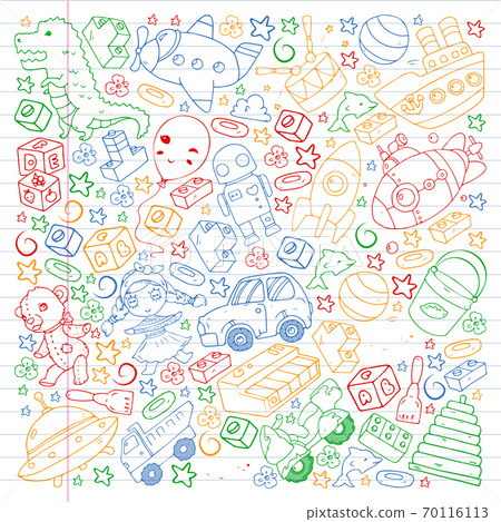Set of vector toys for little children. Ufo, submarine. Cartoon dinosaur. Kindergarten kids. 70116113
