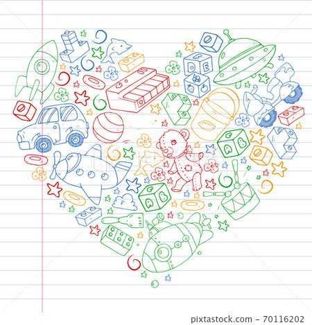 Set of vector toys for little children. Ufo, submarine. Cartoon dinosaur. Kindergarten kids. 70116202