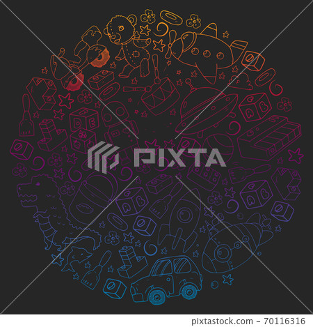 Set of vector toys for little children. Ufo, submarine. Cartoon dinosaur. Kindergarten kids. 70116316