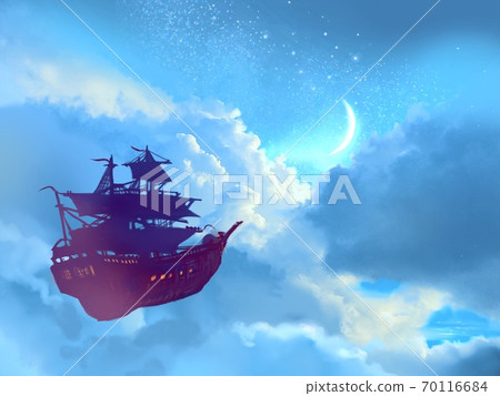 漂浮在夜空中月亮月亮照耀的飛艇的幻想背景 70116684