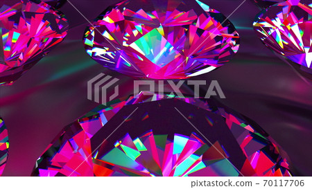 Sparkling iridescent diamonds of fancy round cut style, slowly rotating. Computer generated 3d render. Beautiful background Sparkling iridescent diamonds of fancy round cut style, slowly rotating. Computer generated 3d render. Beautiful background 70117706
