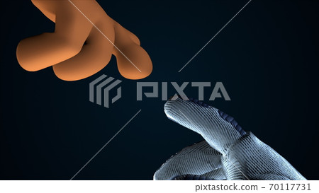 Two hands reaching out to each other in space, 3d rendering. Computer generated cartoon background. 70117731