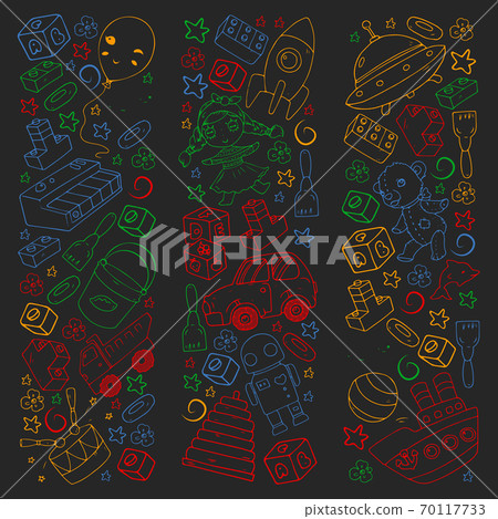 Set of vector toys for little children. Ufo, submarine. Cartoon dinosaur. Kindergarten kids. Set of vector toys for little children. Ufo, submarine. Cartoon dinosaur. Kindergarten kids. 70117733