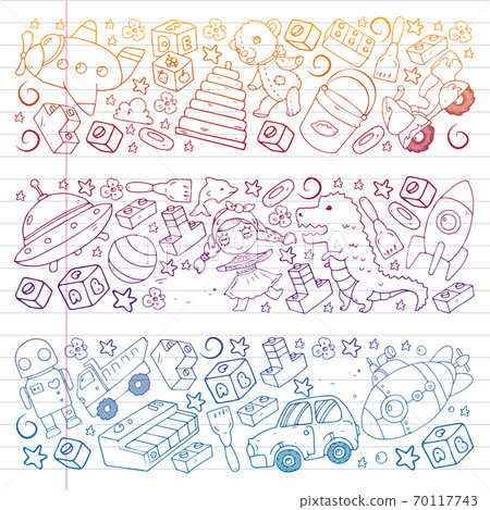 Set of vector toys for little children. Ufo, submarine. Cartoon dinosaur. Kindergarten kids. Set of vector toys for little children. Ufo, submarine. Cartoon dinosaur. Kindergarten kids. 70117743
