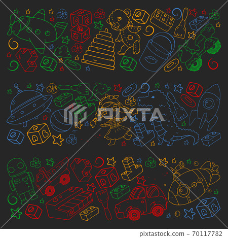 Set of vector toys for little children. Ufo, submarine. Cartoon dinosaur. Kindergarten kids. Set of vector toys for little children. Ufo, submarine. Cartoon dinosaur. Kindergarten kids. 70117782