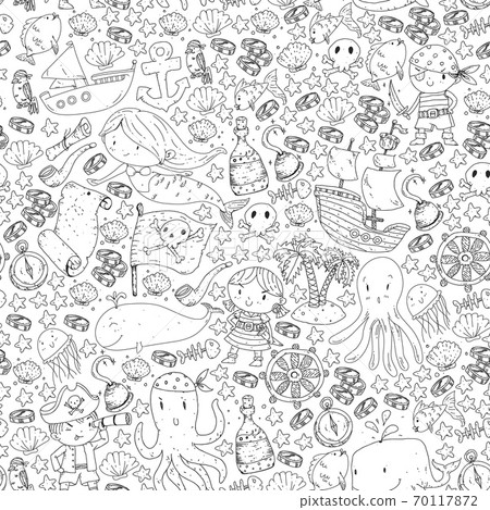 Vector pirate set in cartoon style. Sweet card with pirates, ship, whale, crab, octopus, mermaid, rum, anchor, treasure, fish, island and parrot. Vector pirate set in cartoon style. Sweet card with pirates, ship, whale, crab, octopus, mermaid, rum, anchor, treasure, fish, island and parrot. 70117872