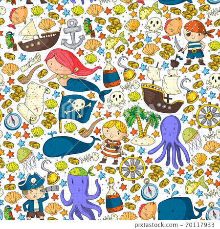 pirate set in cartoon style. Sweet card with pirates, ship, whale, crab, octopus, mermaid, rum, anchor, treasure, fish, island and parrot. 70117933