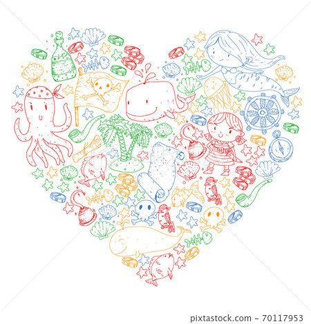 Vector pirate set in cartoon style. Sweet card with pirates, ship, whale, crab, octopus, mermaid, rum, anchor, treasure, fish, island and parrot. Vector pirate set in cartoon style. Sweet card with pirates, ship, whale, crab, octopus, mermaid, rum, anchor, treasure, fish, island and parrot. 70117953