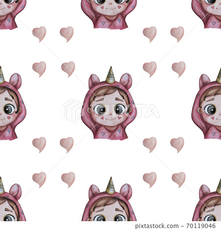seamless pattern. Childrens collection Cute and funny baby in cozy pink kigurumi pajamas - unicorn on a white background with hearts. Watercolor hand drawing. For textiles, packaging and decoration seamless pattern. Childrens collection Cute and funny baby in cozy pink kigurumi pajamas - unicorn on a white background with hearts. Watercolor hand drawing. For textiles, packaging and decoration 70119046