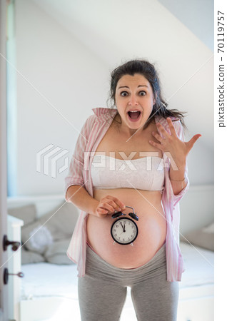 Portrait of happy pregnant woman indoors at home, due date concept. Portrait of happy pregnant woman indoors at home, due date concept. 70119757