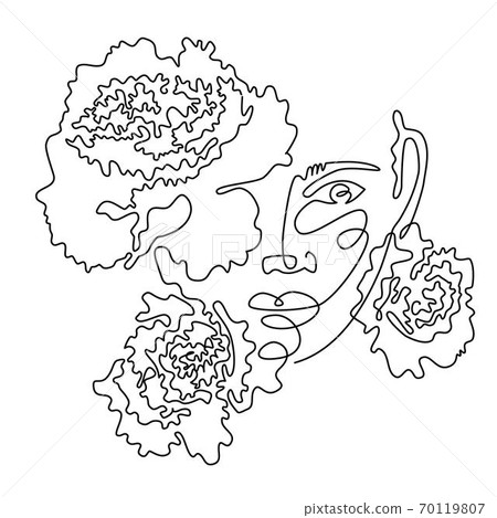 Abstract face with flowers - one line vector drawing. Minimalistic style portrait. Botanical print. Fashion print. Beaty salon or cosmetics logo. Abstract face with flowers - one line vector drawing. Minimalistic style portrait. Botanical print. Fashion print. Beaty salon or cosmetics logo. 70119807