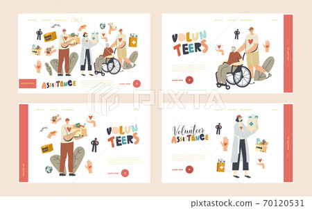 Aged People Aid Landing Page Template Set. Volunteers Help to Seniors Push Wheelchair, Walk Together, Carry Bags Aged People Aid Landing Page Template Set. Volunteers Help to Seniors Push Wheelchair, Walk Together, Carry Bags 70120531
