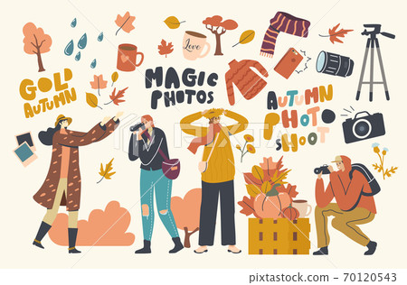 Male and Female Characters Making Autumn Photo with Fallen Tree Leaves, Flowers and Harvest. Fall Season Spare Time 70120543