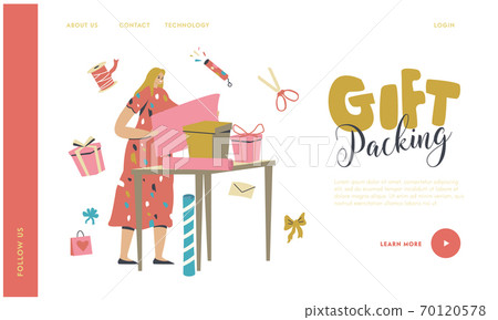 Female Character Making and Packing Gifts Landing Page Template. Woman Wrapping Boxes with Decorative Paper and Bows Female Character Making and Packing Gifts Landing Page Template. Woman Wrapping Boxes with Decorative Paper and Bows 70120578