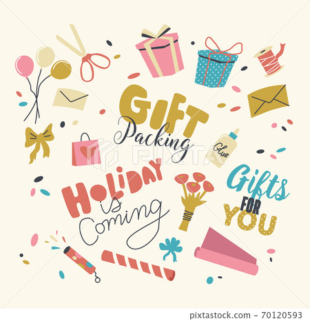 Set of Icons Gifts Making Theme. Bunch of Balloons, Scissors, Present Boxes Wrapped to Decorative Paper and Bow, Flapper 70120593