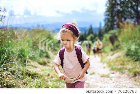 Portrait of small toddler girl outdoors in summer nature, walking. 70120768