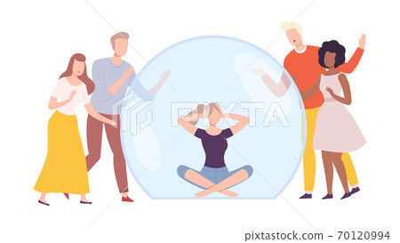 Young Woman Sitting Inside Transparent Bubble, People Trying to Reach Her, Separation from Society Concept Flat Style Vector Illustration 70120994