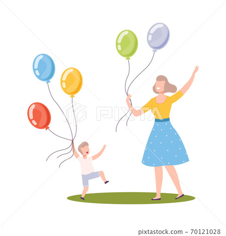 Mom And Little Boy Walking With Colorful... - Stock Illustration ...