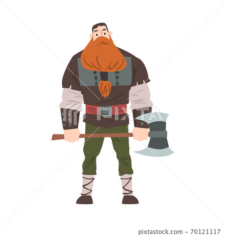 Viking Warrior with Axe, Red Scandinavian Mythology Character in Traditional Outfit Cartoon Style Vector Illustrationr 70121117