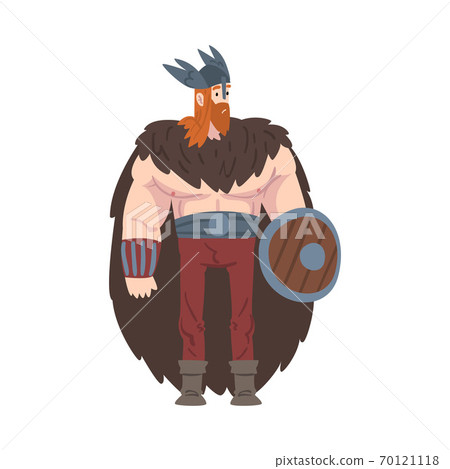 Viking Warrior, Scandinavian Mythology Character in Traditional Clothes and Fur Cape Cartoon Style Vector Illustration 70121118