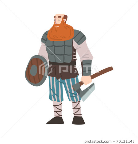 Viking Warrior with Battle Axe and Sword, Scandinavian Mythology Character in Traditional Outfit Cartoon Style Vector Illustration Viking Warrior with Battle Axe and Sword, Scandinavian Mythology Character in Traditional Outfit Cartoon Style Vector Illustration 70121145