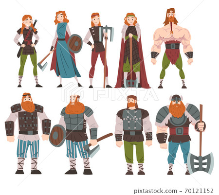 Vikings with Weapon and Ancient Draccar Set, Medieval Male and Female Warriors, Scandinavian Mythology Characters in Traditional Outfit Cartoon Style Vector Illustration 70121152