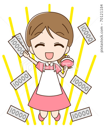 Housewife jumping with a wallet and bill 1 70121184