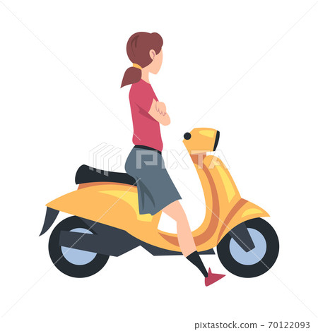 Young Woman Riding Scooter, Side View of Girl Sitting on Yellow Motorbike Cartoon Style Vector Illustration 70122093