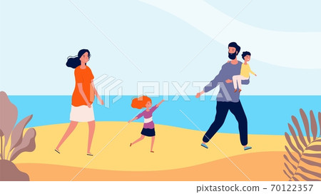 Happy family walking on beach. Travel time, mother father daughter and son. Summer time, sea or ocean relaxing vector illustration Happy family walking on beach. Travel time, mother father daughter and son. Summer time, sea or ocean relaxing vector illustration 70122357