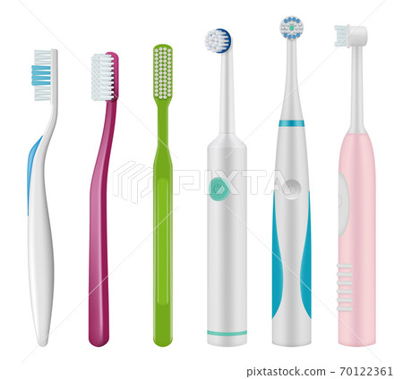Toothbrushes. Brush for teeth mechanical and electrical type for daily dental hygiene vector realistic template Toothbrushes. Brush for teeth mechanical and electrical type for daily dental hygiene vector realistic template 70122361