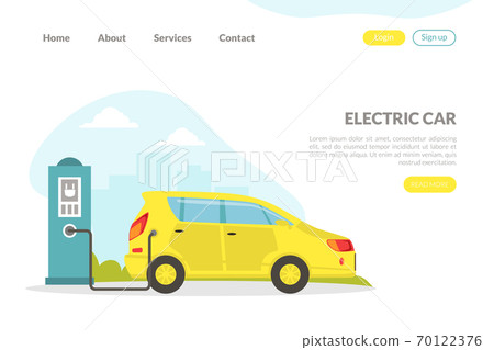Electric Car Landing Page, Hybrid Vehicle at Charging Service Station, Environmental Care and Protection Concept Flat Vector Illustration 70122376