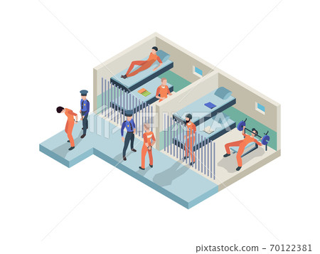 Jail interior. Prisoners sitting in cameras walking police guards in jail rooms inmate persons vector isometric Jail interior. Prisoners sitting in cameras walking police guards in jail rooms inmate persons vector isometric 70122381