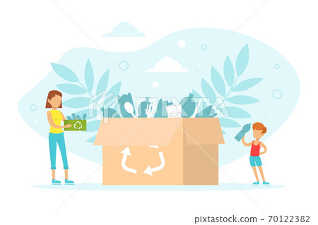 Tiny People Collecting Plastic Garbage into Cardboard Box for Recycling, Ecology and Environment Protection Concept Flat Vector Illustration 70122382