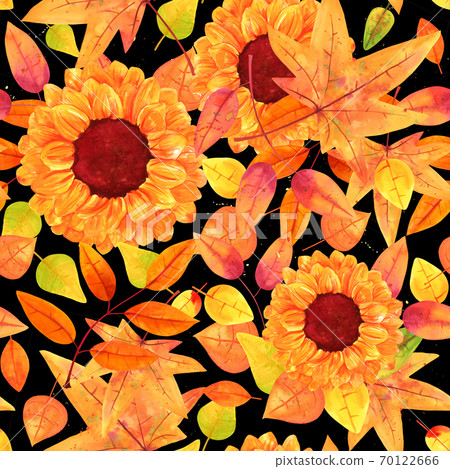 Seamless pattern with watercolor autumn leaves and sunflowers 70122666