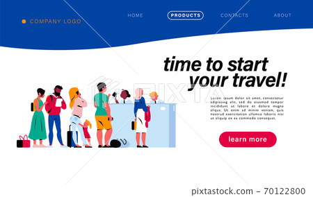 Vector landing page design with travel concept. People waiting for boarding in wait hall. 70122800