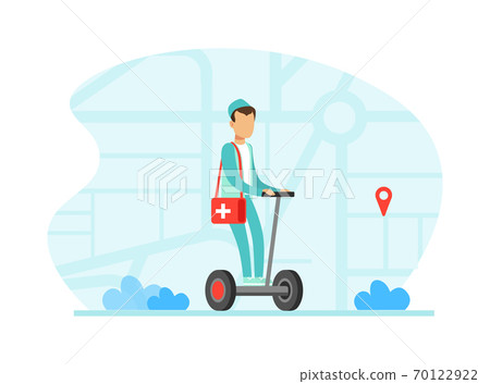 Doctor Riding Gyro Scooter to Sick Patient Home, Medicine Pharmacy Delivery Concept Flat Vector Illustration 70122922