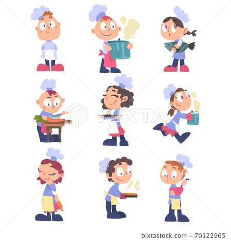 Kids Chefs Cook Set, Cute Children Cookers Characters Wearing White Hat and Apron Cooking Delicious Food on Kitchen Cartoon Vector Illustration Kids Chefs Cook Set, Cute Children Cookers Characters Wearing White Hat and Apron Cooking Delicious Food on Kitchen Cartoon Vector Illustration 70122965